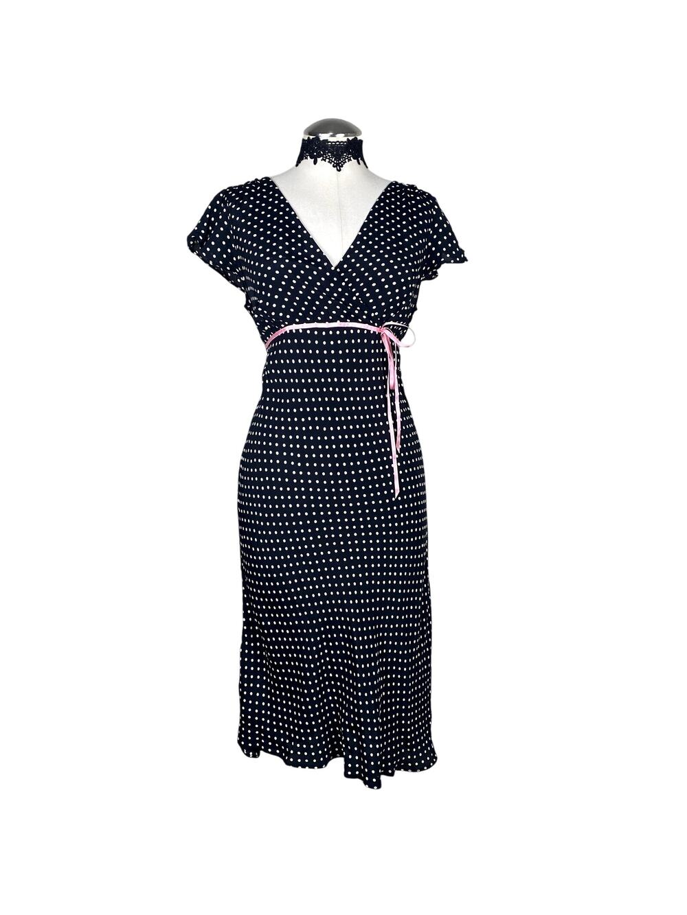 Y2K Polka Dot Tie Back Ribbon Retro Pin Up Flutter Sleeve Faux Wrap Midi Dress M